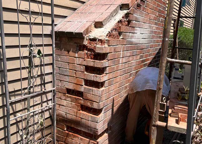 Old chimney with broken masonry and missing bricks